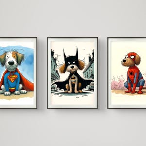 Super Hero Dogs, Set of 3 Art Prints.  Fun and Colourful Illustrations of Super Hero Dogs.  High Quality Instant Download JPEG File.