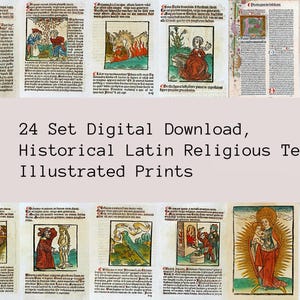 Medieval Manuscript Religious Biblical Prayer Book Pages, 24 Set Digital Download, Historical Latin Religious Text Prints