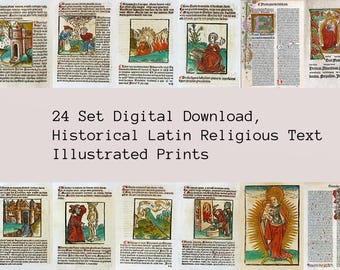 Mittelalterliche Handschrift religiöse biblische Gebetsbuchseiten, 24 Set digitaler Download, historische lateinische religiöse Textdrucke