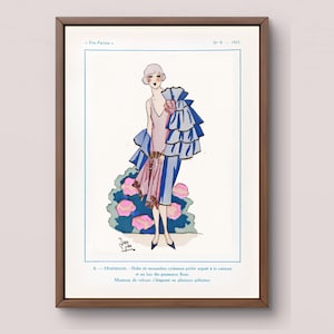 1920s French Fashion Print Digital Download | Vintage Flapper Dress Illustration | Art Deco Wall Decor | Paris Haute Couture | Pink Blue