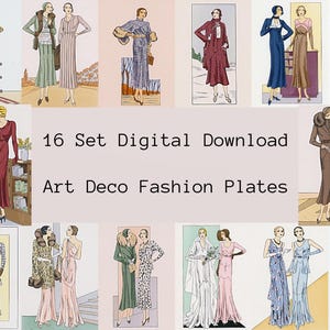 Art Deco Fashion Plates, Vintage 1920s 1930s Digital Download, 16 Real Fashion Illustration, Wall Art Printable, Scrapbook Journal, Not AI