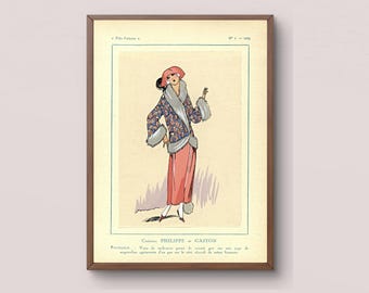 Impressão da moda Art Déco francesa de 1923 | Revista Três Parisien | Philippe e Gastón | Casaco com acabamento em pele | Ilustração de moda vintage | Não é IA