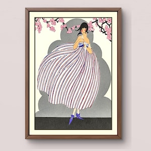 May include: A vintage illustration of a woman wearing a white, red and blue striped dress with a pink flower in her hair. The woman is standing in front of a grey background with pink flowers.