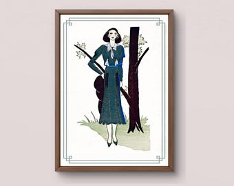 Art Deco Fashion Print z lat 30. XX wieku | Ilustracja sukienki w kolorze turkusowym | Sztuka ścienna w stylu vintage do pobrania w wersji cyfrowej