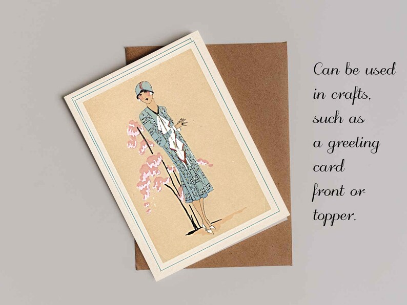 1920s Art Deco fashion illustration from Tres Parisien magazine showing a stylish woman in powder blue dress with white tie collar and matching cloche hat, standing beside pink cherry blossoms. Digital wall art from French vintage fashion publication.