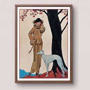 May include: A woman in a brown fur coat and a black hat stands next to a tree with red berries. She is holding a bouquet of flowers and a leash attached to a white dog.