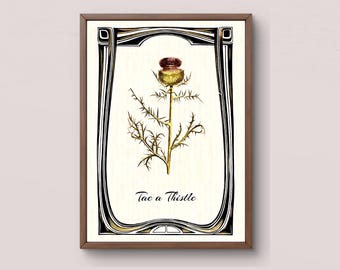 Robert Burns Home Decor, Scottish Tae a Thistle Poem Quote Digital Download, Botanical Flower Illustration Printable, Art Deco Border