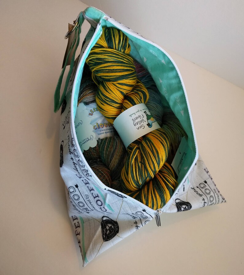 Three Skein Zippered Bag Fancy Chickens Moka Pot Zippered Tote Medium Knitting Project Bag.