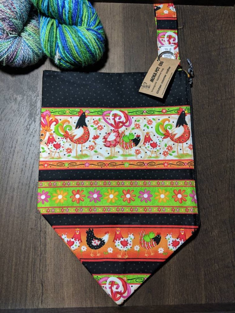 Three Skein Zippered Bag Fancy Chickens Moka Pot Zippered Tote Medium Knitting Project Bag.