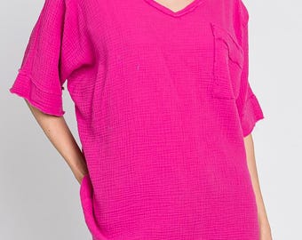 Cotton Gauze V-Neck Top: Lightweight Summer Shirt, Front Pocket - Made in USA - FALL COLORS