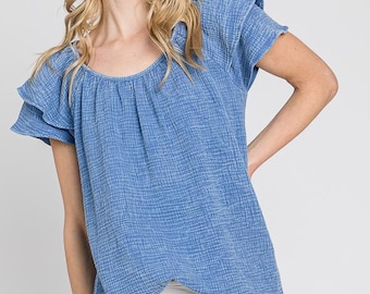 Ruffled Mineral Wash Top - Made in USA