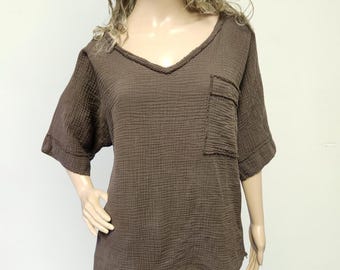 Cotton Gauze V-Neck Top: Lightweight Summer Shirt, Front Pocket - Made in USA - FALL COLORS
