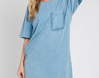 Long T-Shirt Dress, Oversized w Chest Pocket, Mineral Wash, Casual & Comfort, Spring and Summer Color, Free US Shipping - Made in USA