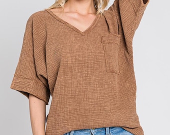 Minimalist V-Neck Gauze Blouse - Made in USA