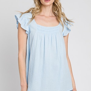Ruffle Sleeve Cotton Gauze Top: Made in USA, Loose Fit Summer Shirt