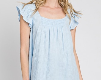 Ruffle Sleeve Pinafore Style, Cotton Tops, Comfortable Summer Breathable Top, Loose Fit, Contemporary Outfit, Free US Shipping - Made in USA