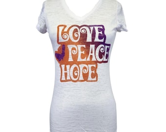 Love Peace Hope Graphic Tee, Vintage Look, Semi Sheer, V-Neck Tops, Summer Fresh, Free US Shipping - Made in USA