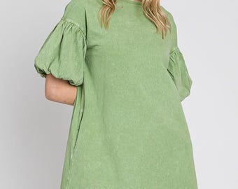 Mineral Wash Bubble Sleeve Mini Dress, Summer Dress with Pockets, Free US Shipping - Made in USA