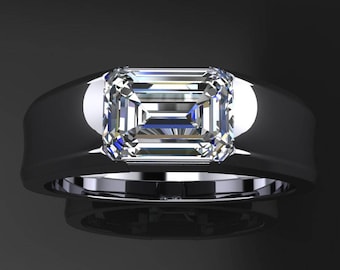 cash ring - men's gold wedding band, 1.75 carat emerald cut NEO moissanite