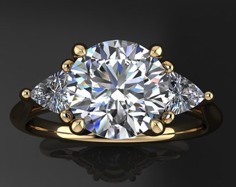 1.5 Carat Round Moissanite 3 Stone Engagement Ring, Solid Gold - Amelie
