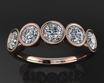 Moissanite 5-Stone Band, 14k Rose Gold Anniversary Ring - Chloe