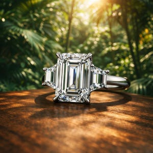 May include: A platinum ring with an emerald-cut diamond center stone and two smaller side stones. The ring is set on a wooden surface with a blurred green background.