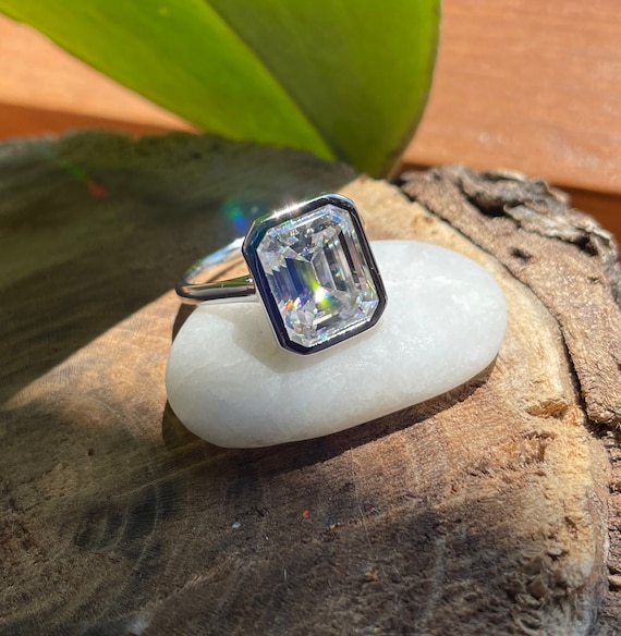 naked halle ring carat emerald cut NEO moissanite engagement ring,  bezel set ring