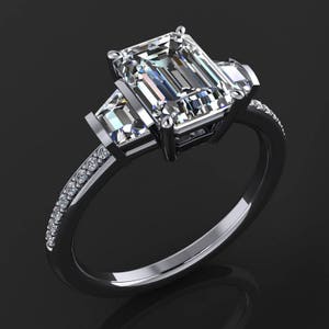 emma ring 1.75 carat emerald cut NEO moissanite engagement ring, 3 stone ring image 2