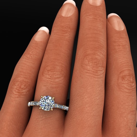 Cassandra Ring 1 Carat Round Moissanite Engagement Ring Baguette