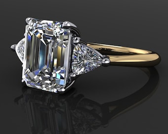 Emerald Cut Moissanite Engagement Ring – Trillion Side Stones, Anniversary Ring - Amelie