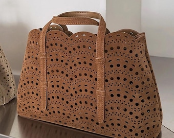 Bolso tote de ante, bolsos de hombro cortados a láser, bolsos de asa superior de ante, bolso de hombro de ante