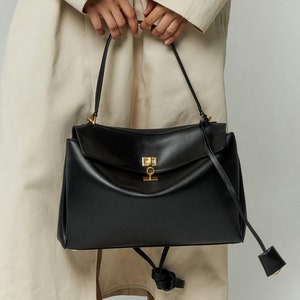 Black Top Handle Bag, Cow Split Leather Tote Bags, Trendy Leather Shoulder Bag