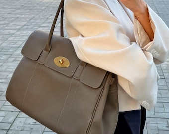 Bolso de mano de piel auténtica, bolso con asa superior de diseño minimalista, bolso de oficina de piel