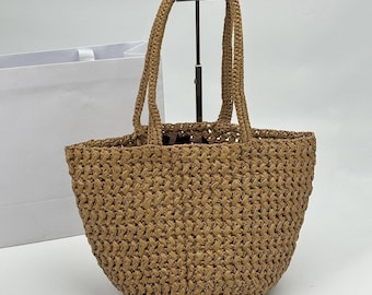 Bolso tote con efecto rafia, bolso de hombro tejido en viscosa, bolso de hombro tejido de rafia artificial, bolso de playa de verano