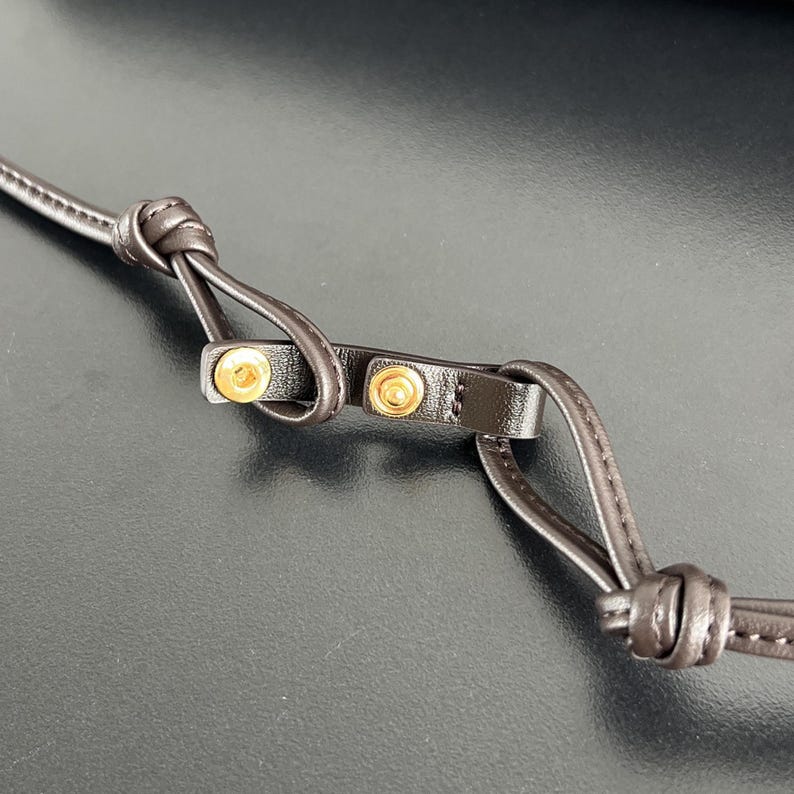 May include: Close-up of a dark brown leather strap with gold-colored metal rivets. The strap is knotted at both ends, and the rivets are visible on a small, rectangular piece of leather.