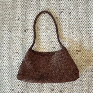 Suede Woven Shoulder Bag, Genuine Suede Tote Bags, Woven Shoulder Bag, Women&#39;s Weaved Leather Bag
