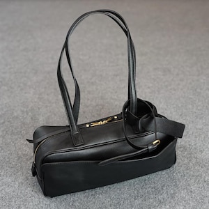 Leather Bowling Tote Bag, Genuine Leather Shoulder Bag, Top Handle Bag, Trendy Shoulder Bag