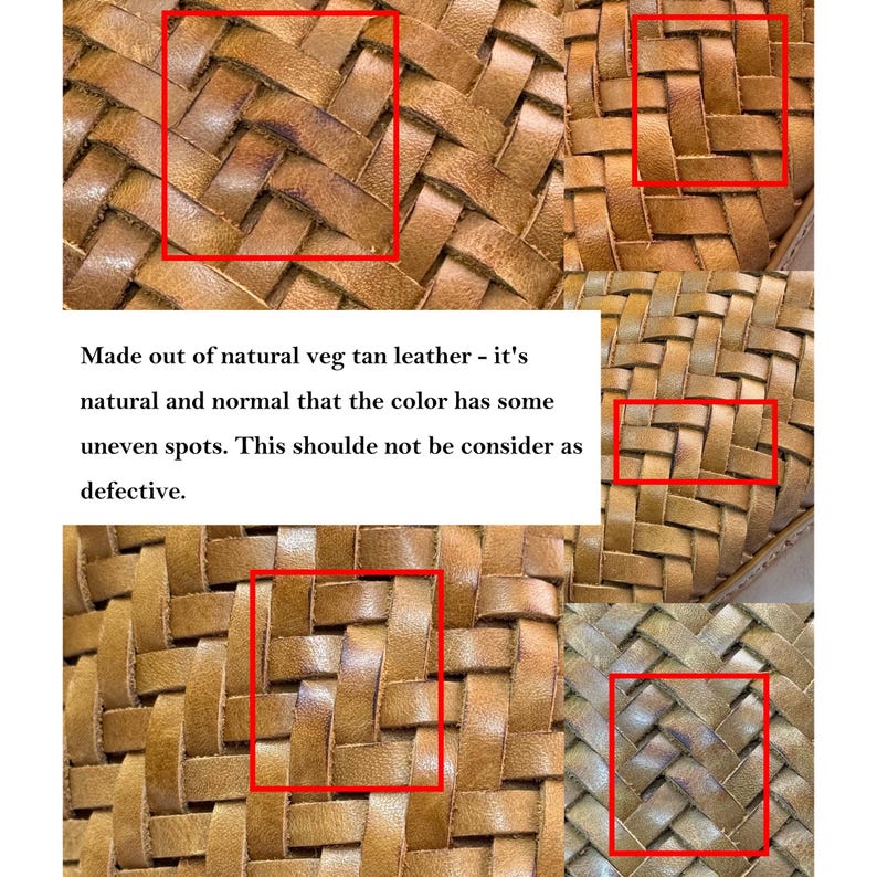 May include: Close-up of woven leather with a tan color. The leather has some uneven spots, which is normal for natural veg tan leather.