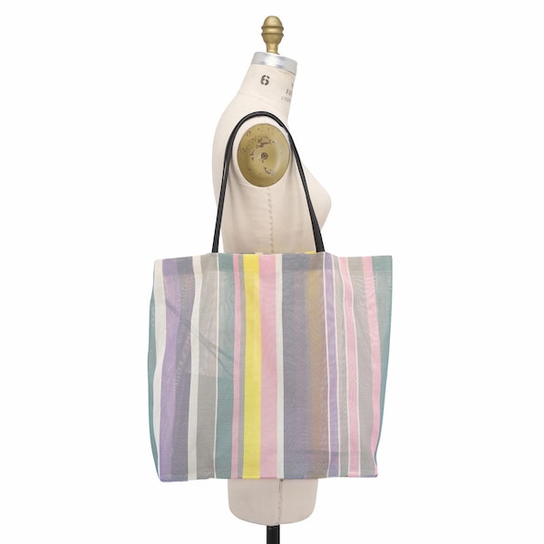 Lightweight Tote Bag, Mutilcolor Stripes Tote Bags, Mesh Shoulder Bag, Summer Beach Bag