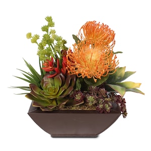 Contemporary Tropical Artificial Succulent Arrangement in a Metal Container