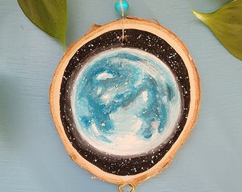 Blue Moon Light Catcher, Painted Wood Slice, Wall Hanging, Acrylic Hand Painted, Galaxy Art,  Celestial Art, Wall Decor