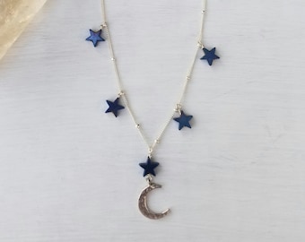 Galaxy Collection - Midnight Crescent Sky Necklace - Hematite Stars and Sterling Silver Crescent Moon and Satelitte Chain.  16" w-2" Ext.