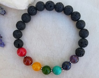 Chakra Love Collection. Seven Chakra Lava Diffusing Stretch Bracelet. Meditate, Yoga Inspired Jewelry.