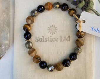 Earth Energy Collection - Grounded and Connected Bracelet - 8 mm Gemstone Stretch Bracelet.  Tiger's Eye, Fire Agate, Onyx, Hematite, Pyrite