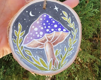 Magical Spotted Mushroom Painted Wood Slice, Wall Hanging, Acrylic Hand Painted, Galaxy Art,  Celestial Art, Wall Decoration, Ornament