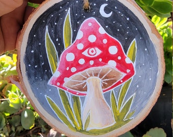 Magical Evil Eye Mushroom Painted Wood Slice, Wall Hanging, Acrylic Hand Painted, Galaxy Art,  Celestial Art, Wall Decoration, Ornament