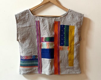 The LINEN PATCHWORK CROP made of Upcycled and Vintage Fabric Scraps - One of a Kind sz sm - Sustainable Linen Clothing - Slow Fashion