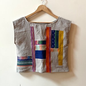 The LINEN PATCHWORK CROP made of Upcycled and Vintage Fabric Scraps One of a Kind sz sm Sustainable Linen Clothing Slow Fashion image 1