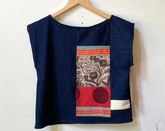 The PATCHWORK CROP made of Upcycled and Vintage Fabric Scraps - One of a Kind sz XS - Sustainable Clothing - Slow Fashion - Block Print