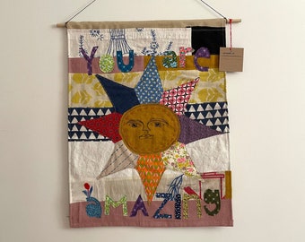 Hand Sewn Wall Hanging - Patchwork / Contemporary Textile Art / Fabric Wall Quilt / Folk Art / Fiber Art